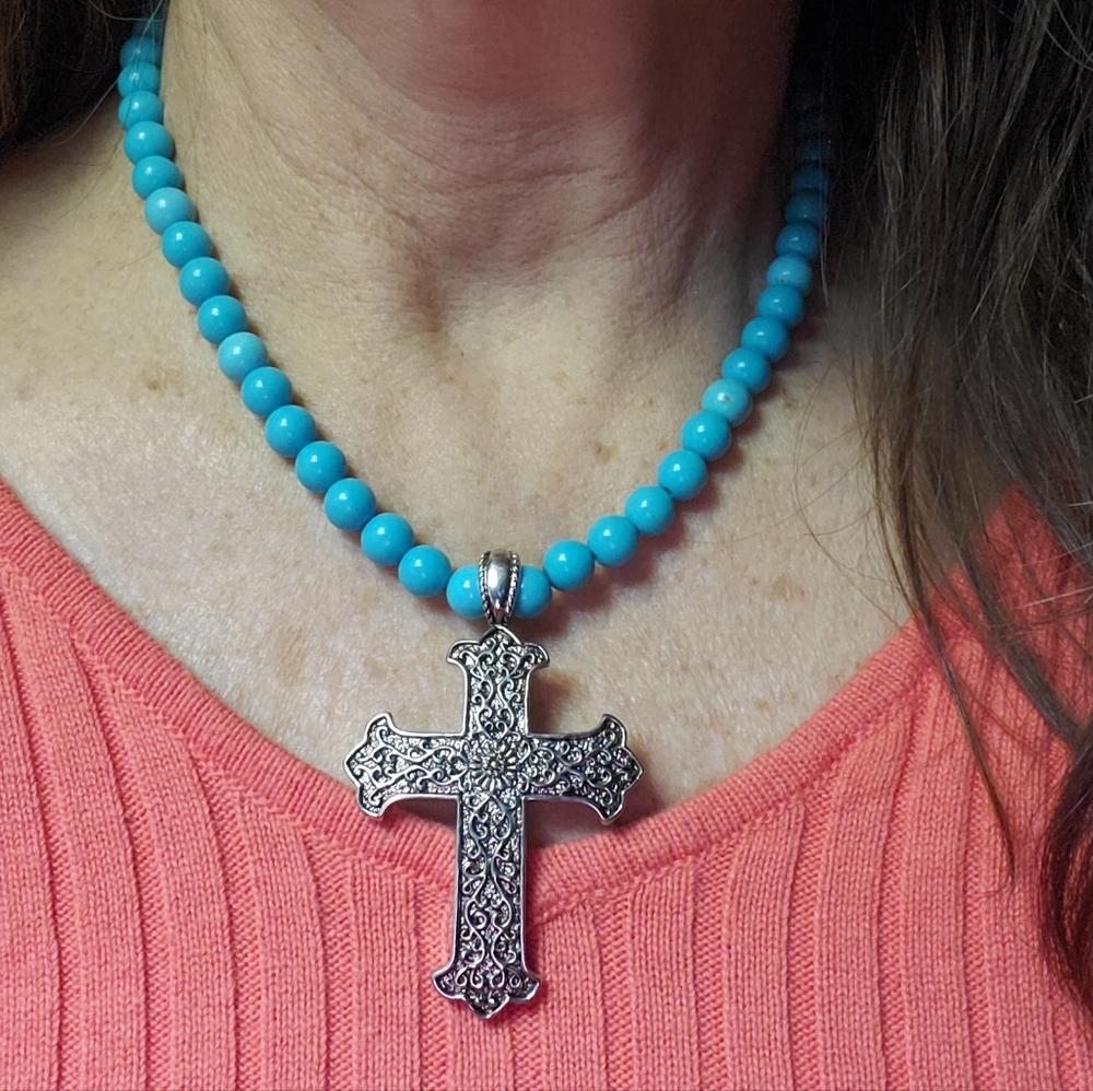 Silver Cross and Faux Turquoise Neckless Fashion Jewelry